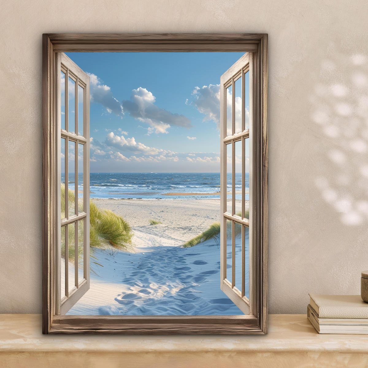 LEINWANDBILD Aussicht - Strand - Fenster - Dünen - Meer 30x40 cm - Hellblau, Textil (30/40cm) - MuchoWow