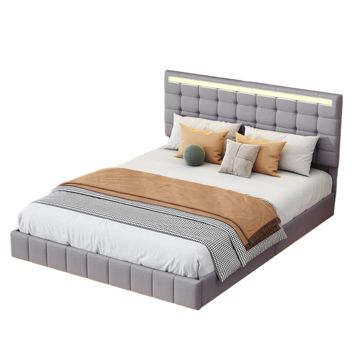 POLSTERBETT 140/200 cm grau mit LED-Beleuchtung und Kopfteildesign - Grau, Textil (140/200cm) - OKWISH