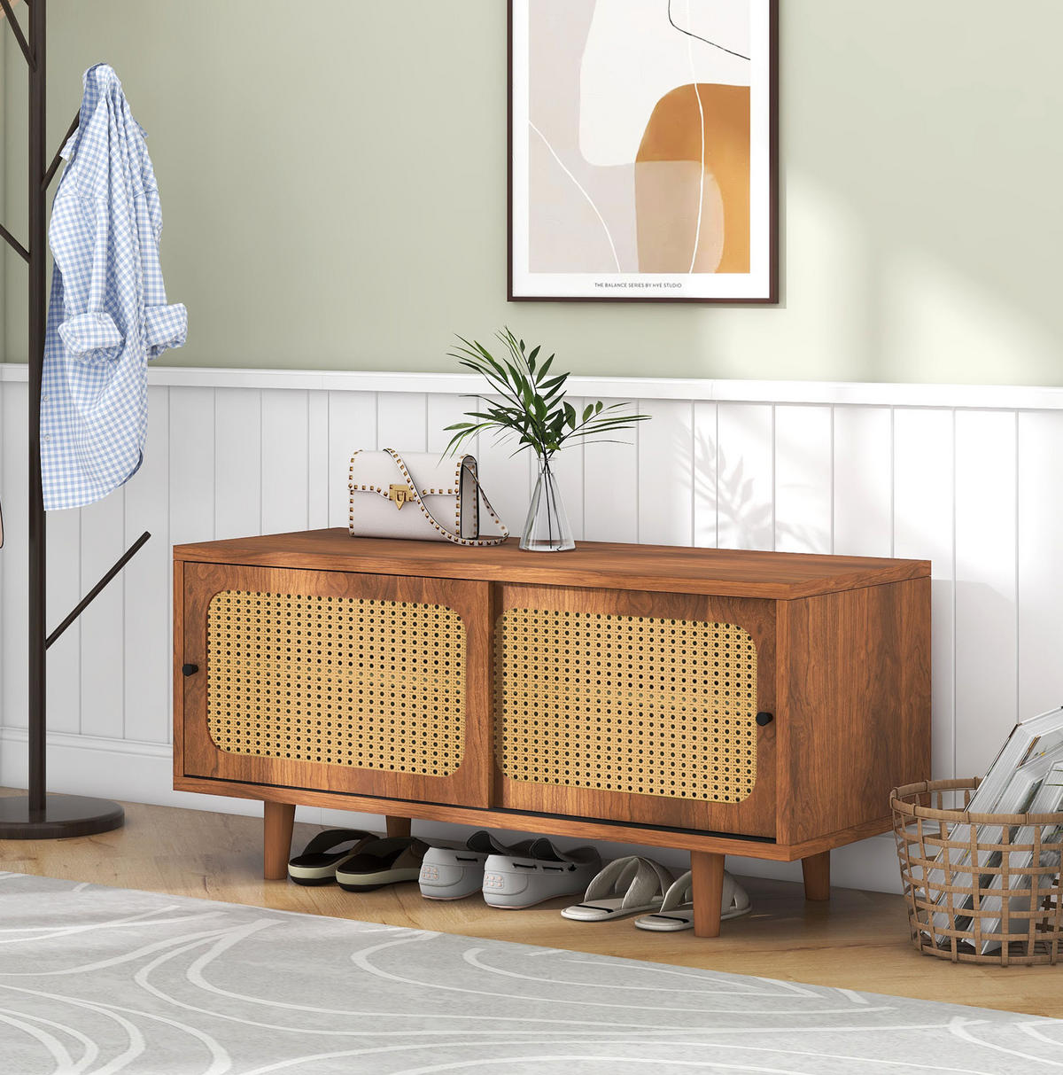 SCHUHSCHRANK aus Spanplatte 104x40x48cm in Walnuss mit Rattan-Türen - Walnussfarben, Holzwerkstoff (104/48/40cm) - Modfu