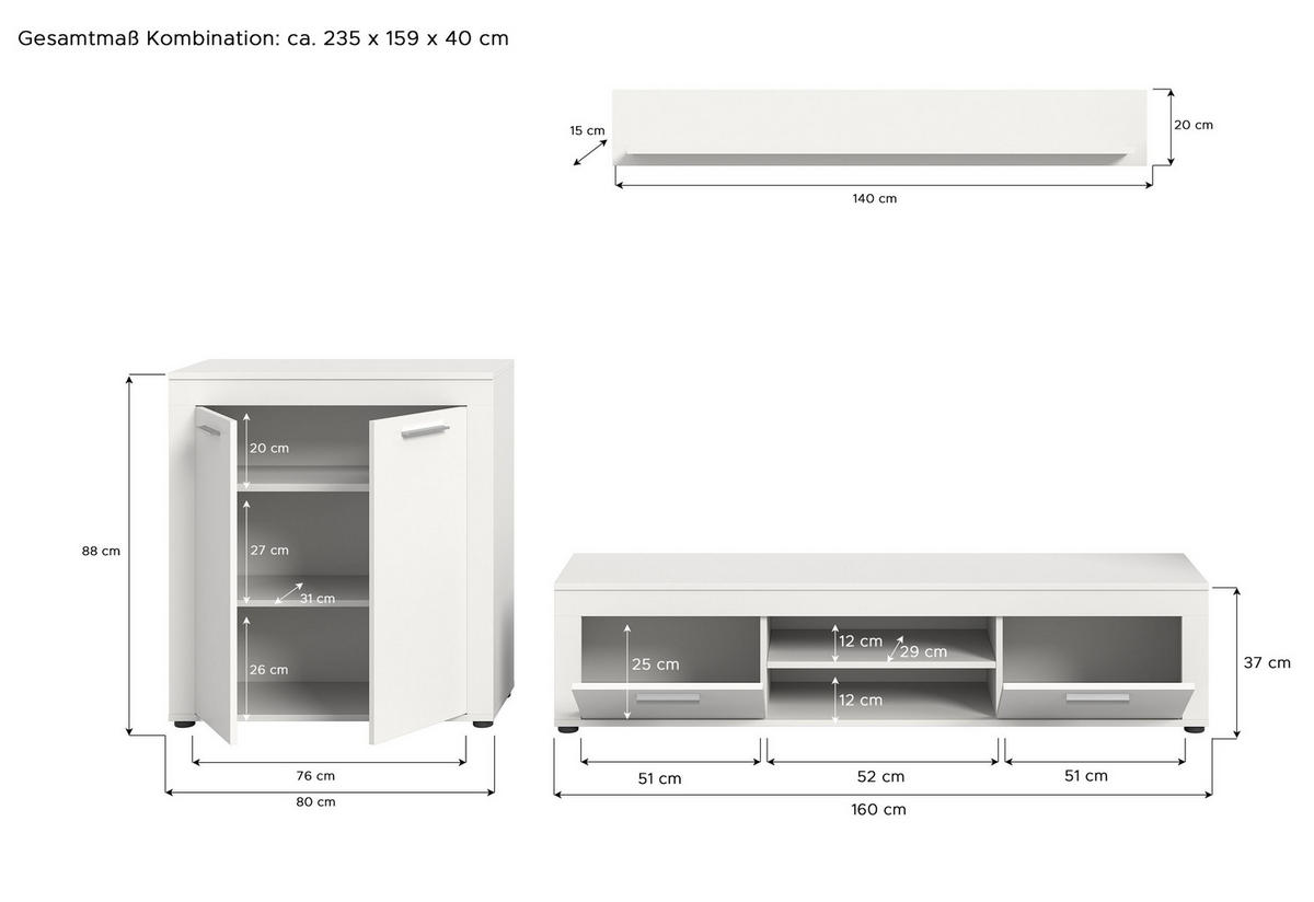 WOHNWAND Milo 3 tlg. (B/H/T: ca. 255/159/40 cm) in weiß/weiß - Weiß, Holzwerkstoff (255/159/40cm)