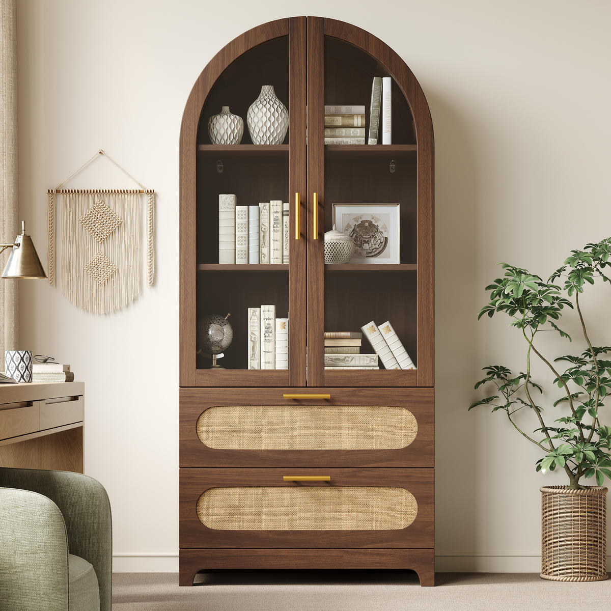VITRINE in Nussbaum Bücherregal mit 2 Schubladen und verstellbaren Böden, H175/B80/T40cm - Transparent/Naturfarben, Glas/Holzwerkstoff (80/175/40cm) - STILVORA