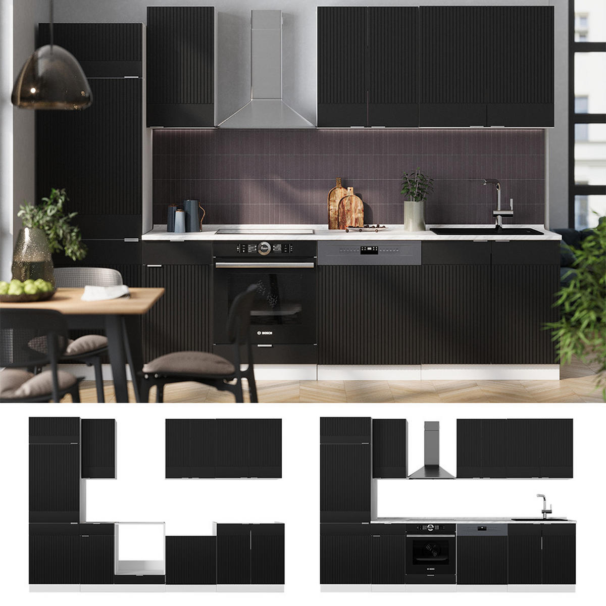 KÜCHENZEILE Fame-Line, Schwarz gestreift/Weiß, 300 cm, AP Eiche - Schwarz/Weiß, Holzwerkstoff (300/81.6/60cm) - Vicco