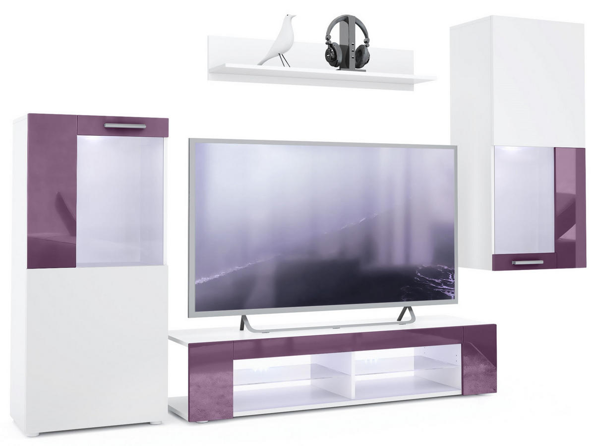 WOHNWAND Movie Absetzungen in Brombeer Hochglanz - Brombeere, Holzwerkstoff (300/190/39cm) - Vladon