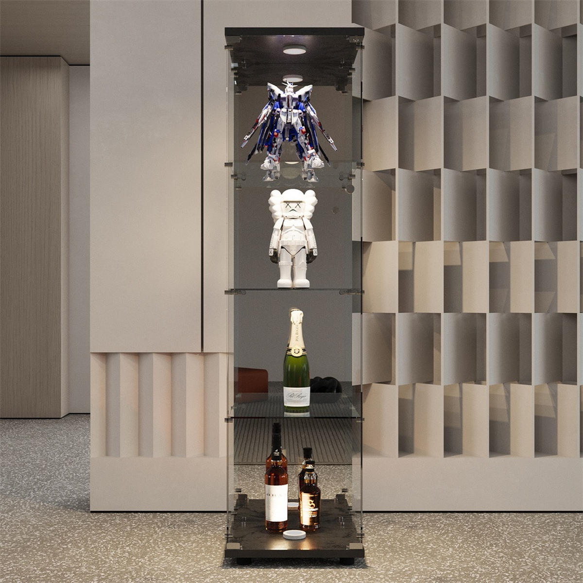 VITRINE - Glasvitrine mit 4 Ebenen - integrierte LED-Beleuchtung - Schwarzer Holzboden - Schwarz, Glas (42.5/164/36.5cm) - DELFA