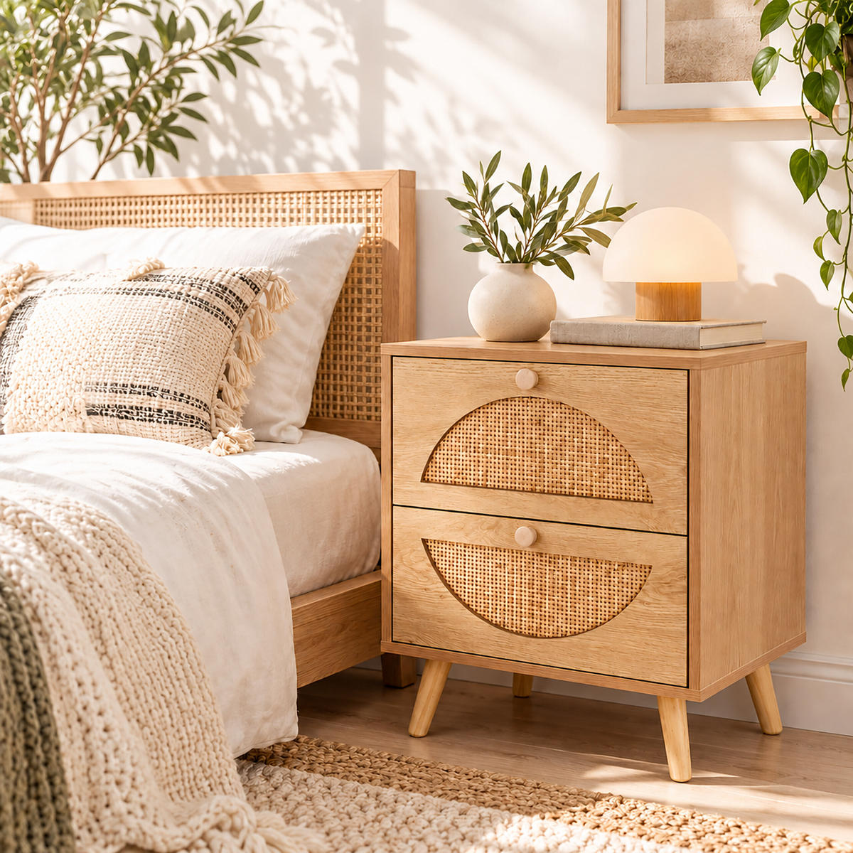 NACHTTISCH Natur Rattan 2 Schubladen - Hellbraun, Holz/Holzwerkstoff (40/52/35cm) - Relaxdays