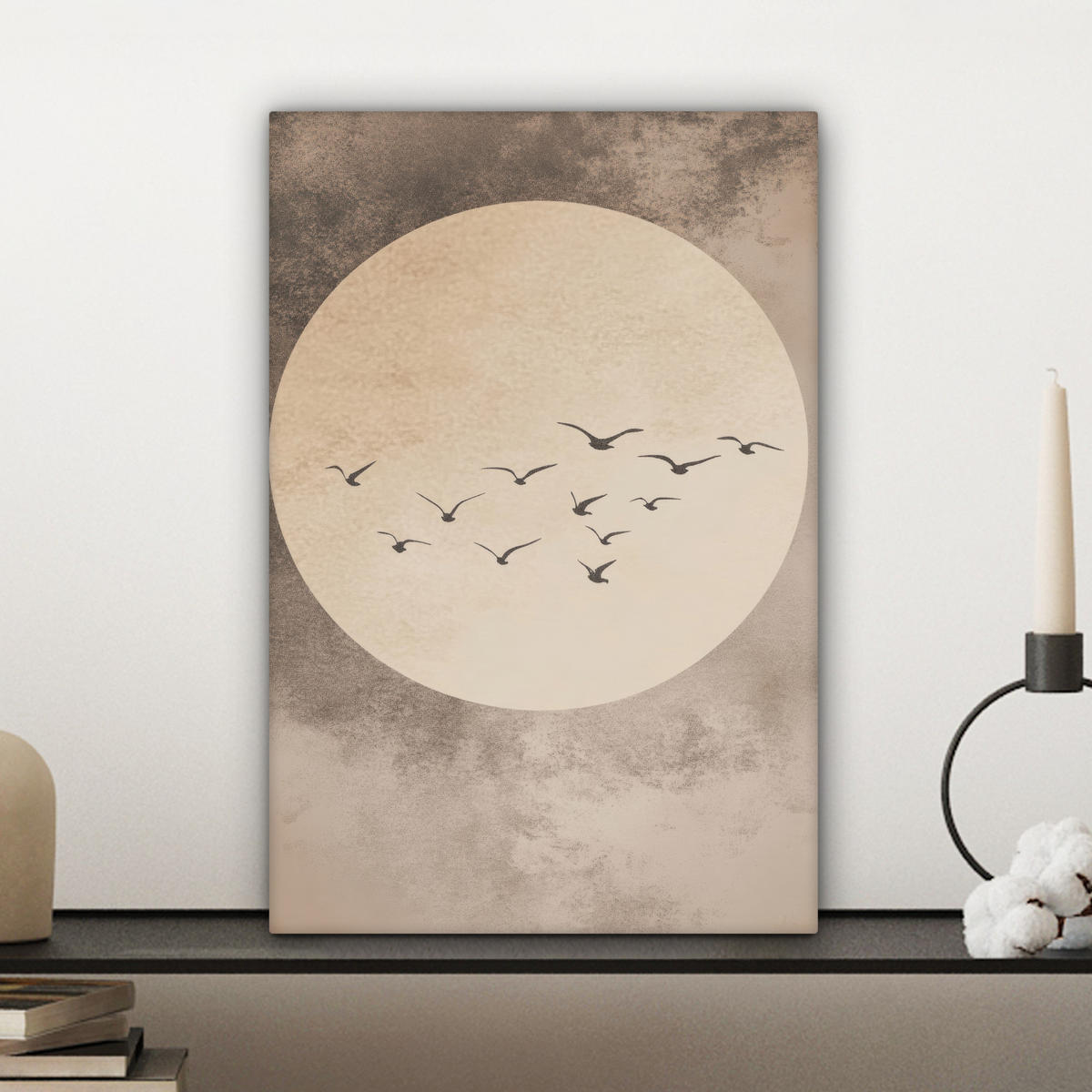 LEINWANDBILD Vogel - Beige - Japanisch Deko Wohnzimmer 20x30 cm - Taupe, Textil (20/30cm) - MuchoWow