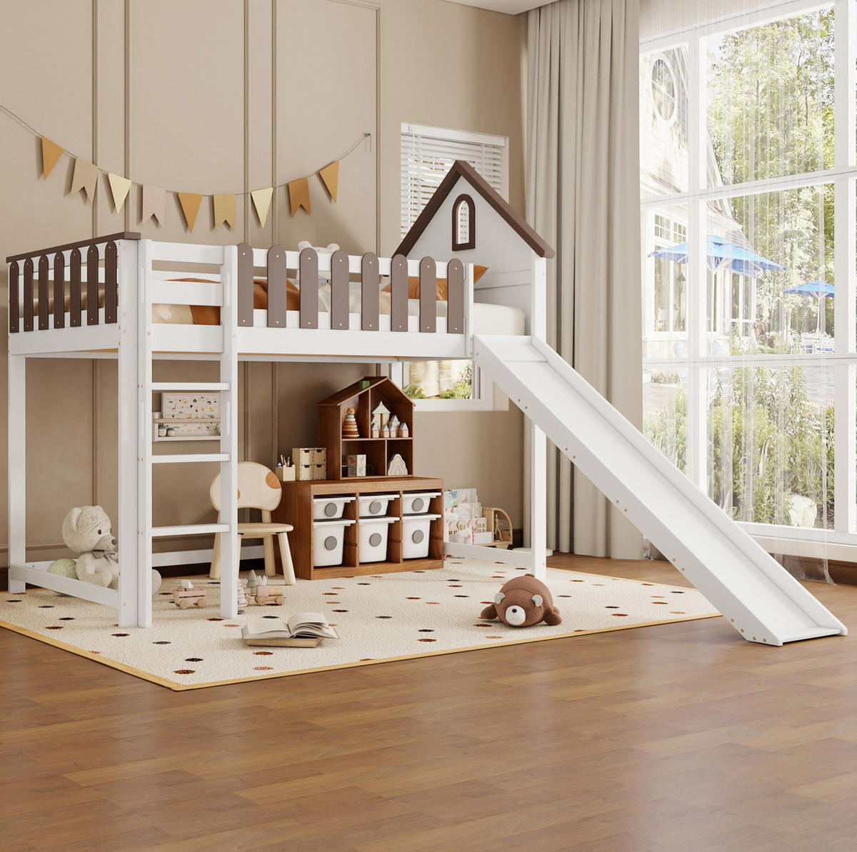 VYSOKÁ posteľ 90/200 cm biela orechová z masívneho dreva a MDF so šmykľavkou, strechou a oknami - biela, kompozitné drevo (90/200cm) - OKWISH