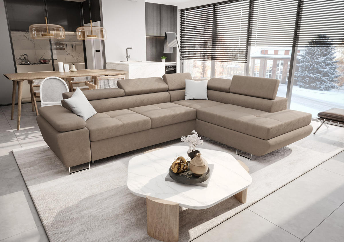 ECKSOFA KONGO RBN04, Eckcouch in L-Form mit Schlaffunktion, Farbe: Beige, Velourstoff, Ottomane Rechts - Beige, Textil (272/200cm) - O-Sofa