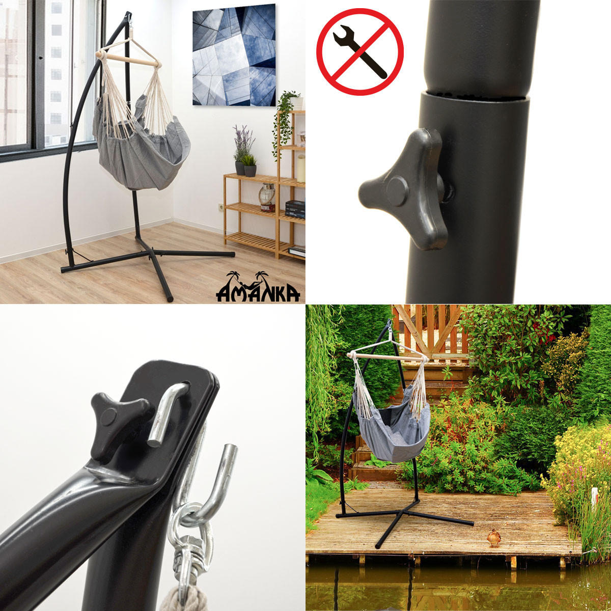 HÄNGESESSELGESTELL bis 120kg, 215cm, Schwarz - Schwarz, Metall (110/110/215cm) - Amanka