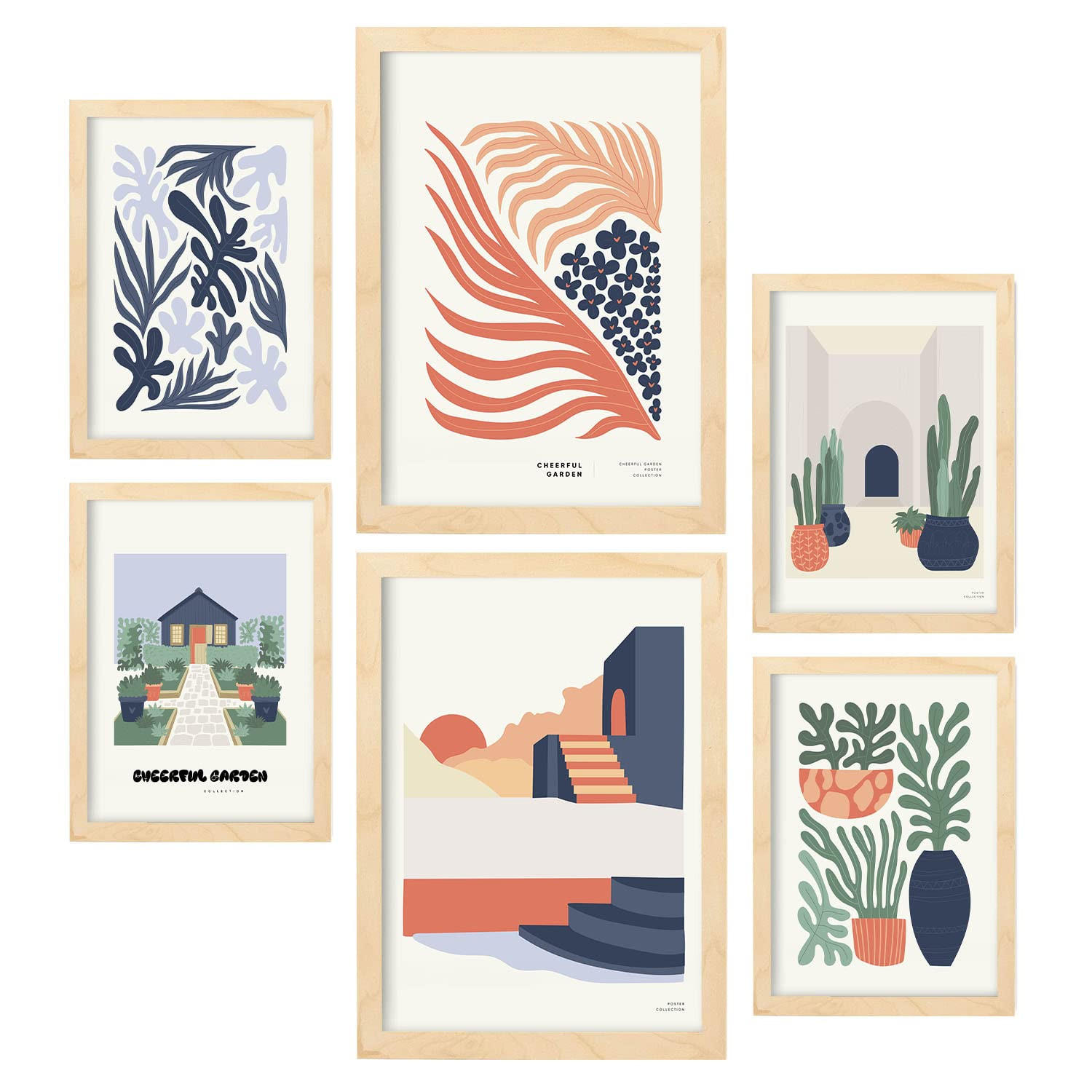 POSTER Set Mit 6 Minimalistischen In Pastellfarben Fröhlicher Garten Drucke Von Landschaften Und Natur Für A3 & A4 Rahmen Aus Hellem Holz - Beige, Papier (29/3cm) - Nacnic