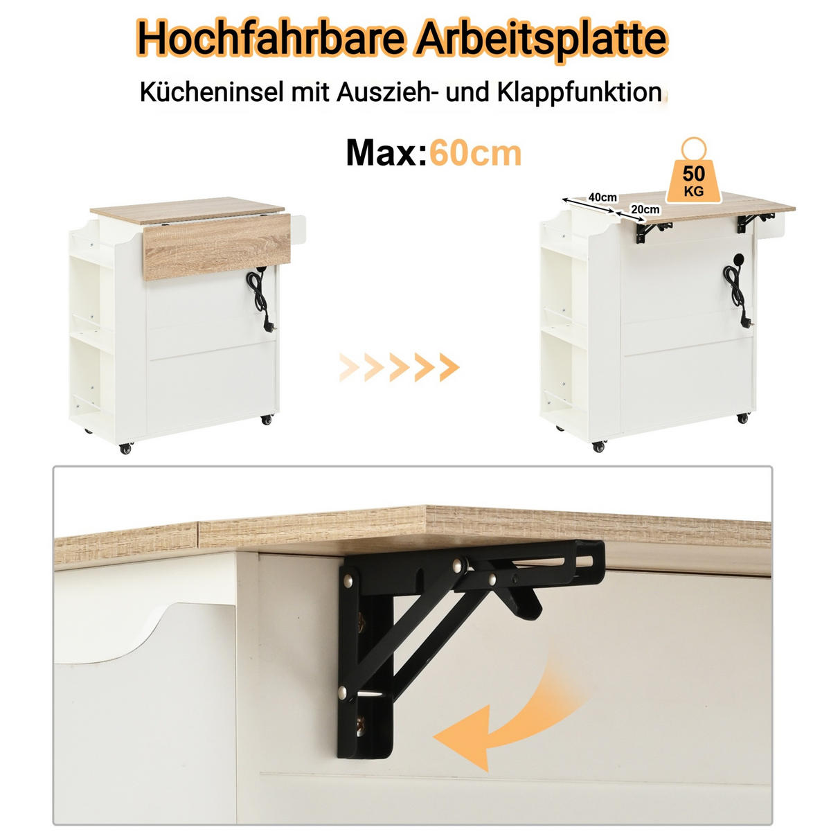 KÜCHENWAGEN 66/40-60/90 cm in Weiß mit klappbarer Arbeitsplatte und Rollen - Weiß, Holzwerkstoff (66/90/38cm) - Flora Grace