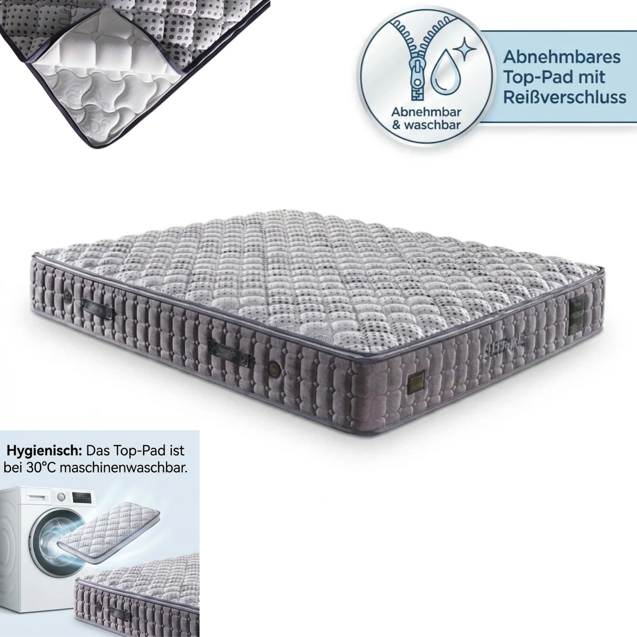 TASCHENFEDERKERNMATRATZE Bambi Sleepure Matratze 160x200 cm, Höhe ca.: 31 cm, H2 + H3 = mittel + fest, 7-Zonen - Grau, Textil (160/200cm) - Bambi