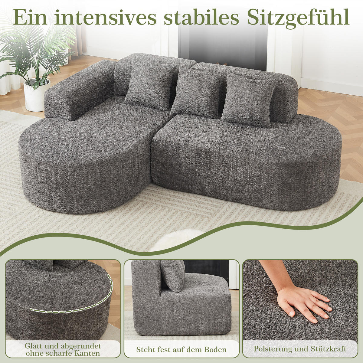 ECKSOFA 222/157/73 cm Grau Chenille mit 3 Kissen (Linke Seite) - Anthrazit, Textil (157/222cm) - Oxeza