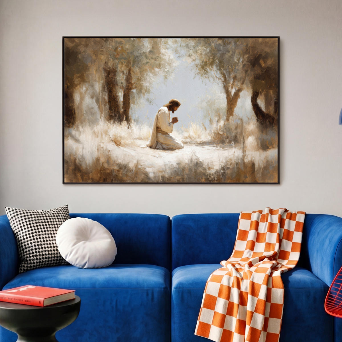 LEINWAND Bilder mit Rahmen - Jesus - Kniend - Waldlandschaft - Betend - 90x60 - Beige, Textil (90/60cm) - MuchoWow