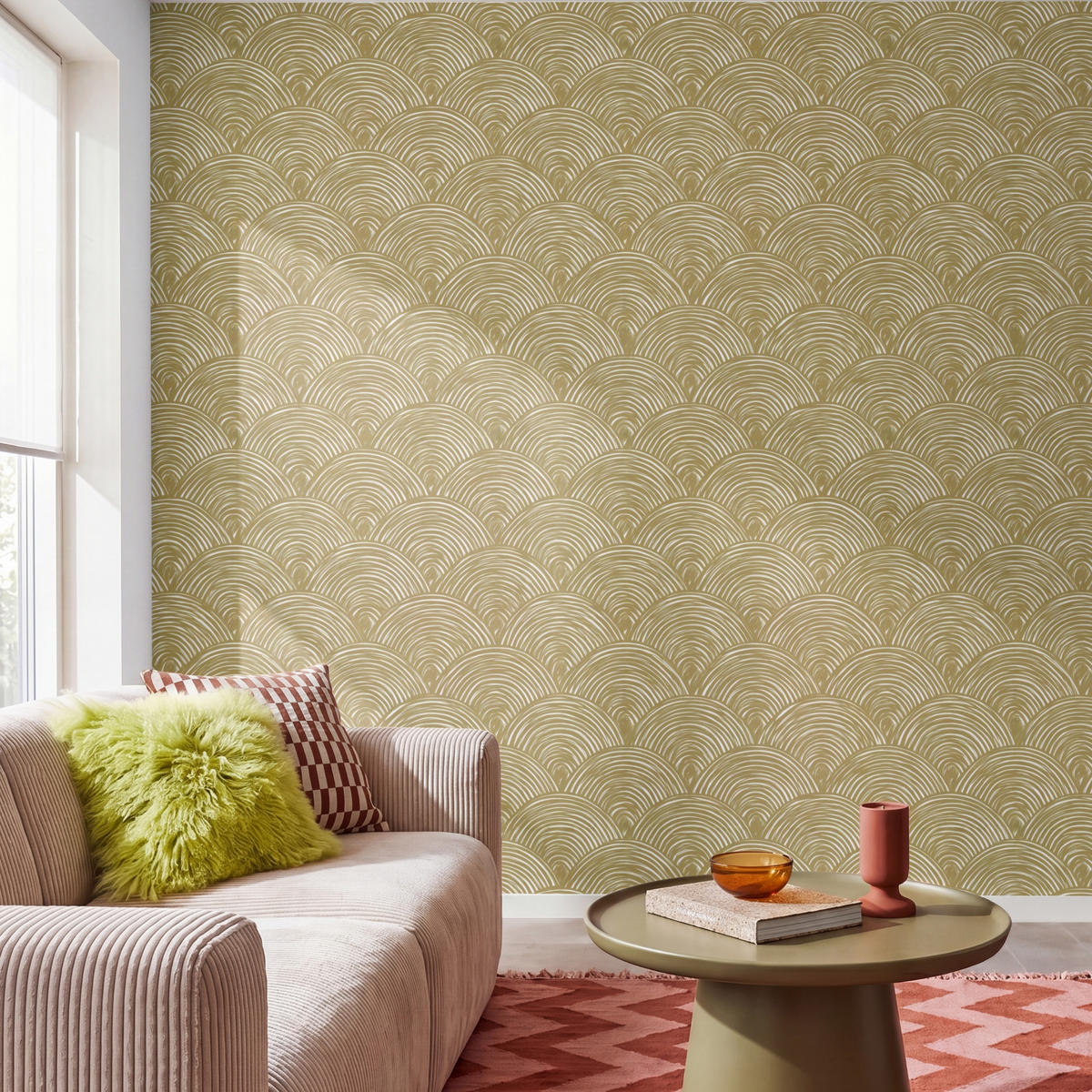 TAPETE - Fächer - Geometrisch - Grün - 280x280 cm - Goldfarben, Papier (280/280cm) - OnlyWow