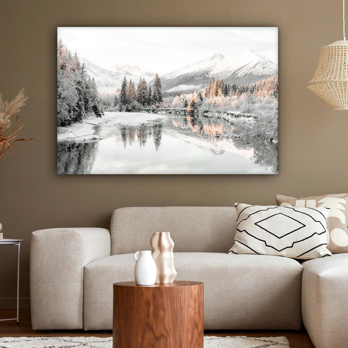 LEINWANDBILD Natur - Winter - Bäume - Berge - Schnee Wohnzimmer 120x80 cm - Weiß Hochglanz, Textil (120/80cm) - MuchoWow