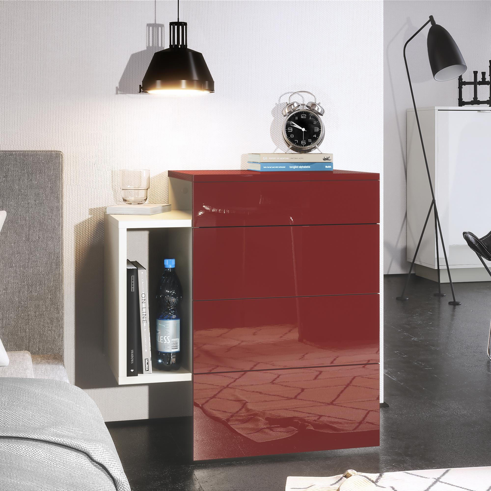 NACHTTISCH Queens Front in Bordeaux Hochglanz - Bordeaux, Holzwerkstoff (60/63/36cm) - Vladon