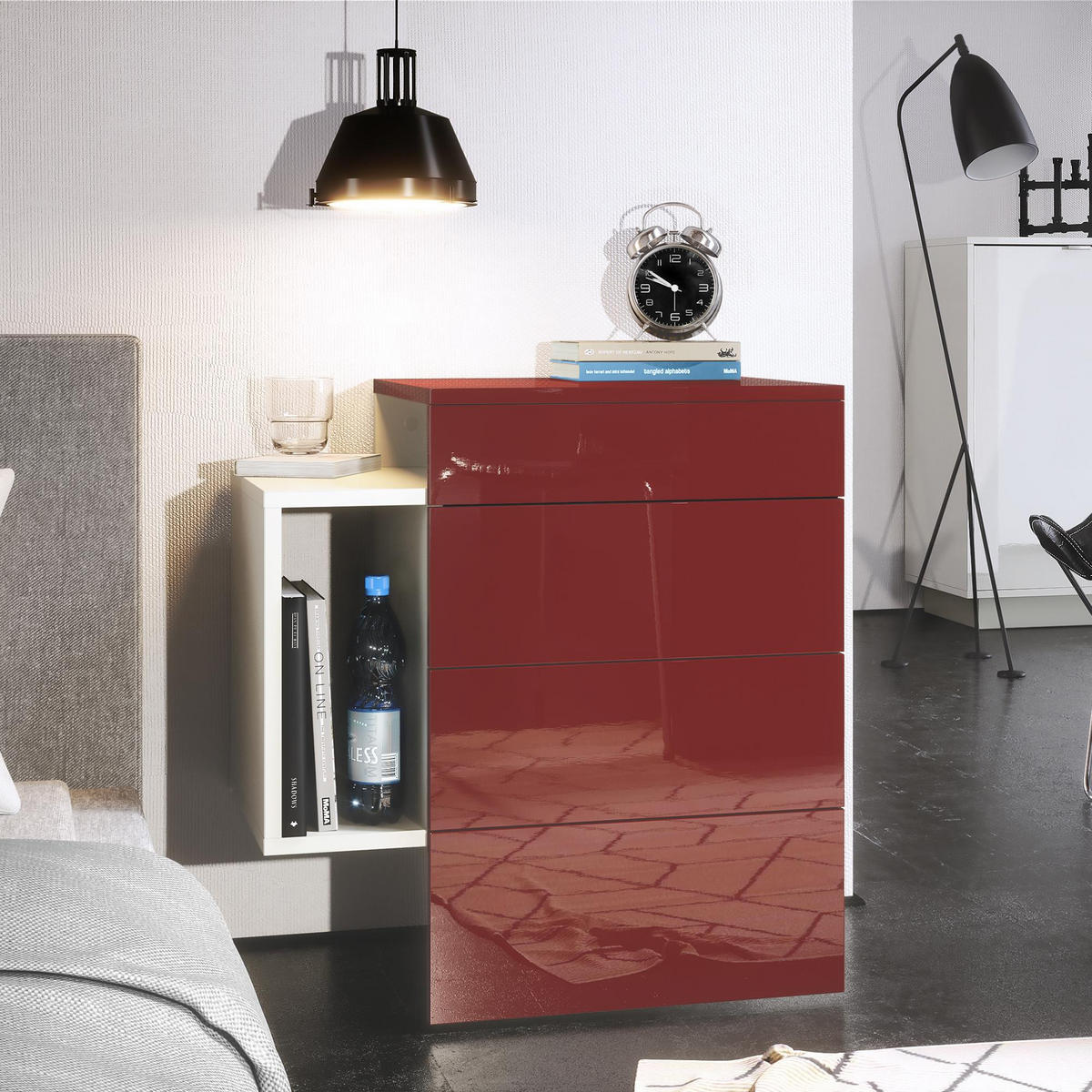 NACHTTISCH Queens Front in Bordeaux Hochglanz - Bordeaux, Holzwerkstoff (60/63/36cm) - Vladon