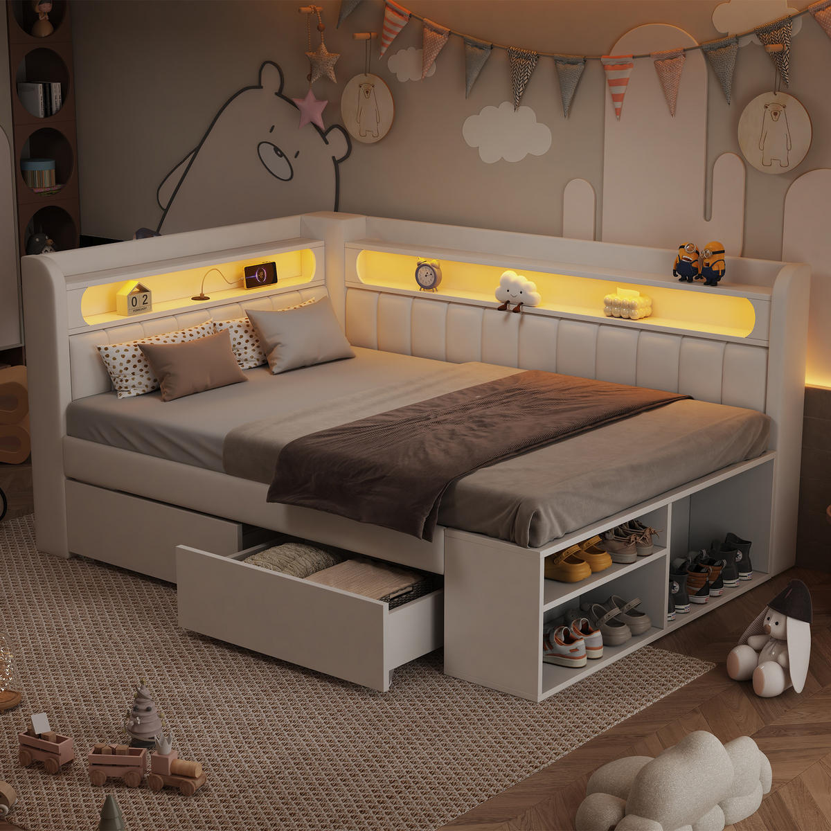 JUGENDBETT 90/200 mit LED, USB, Schuhschrank und zwei Schubladen in Weiß - Weiß, Holzwerkstoff/Textil (90/200cm) - EVRYAE