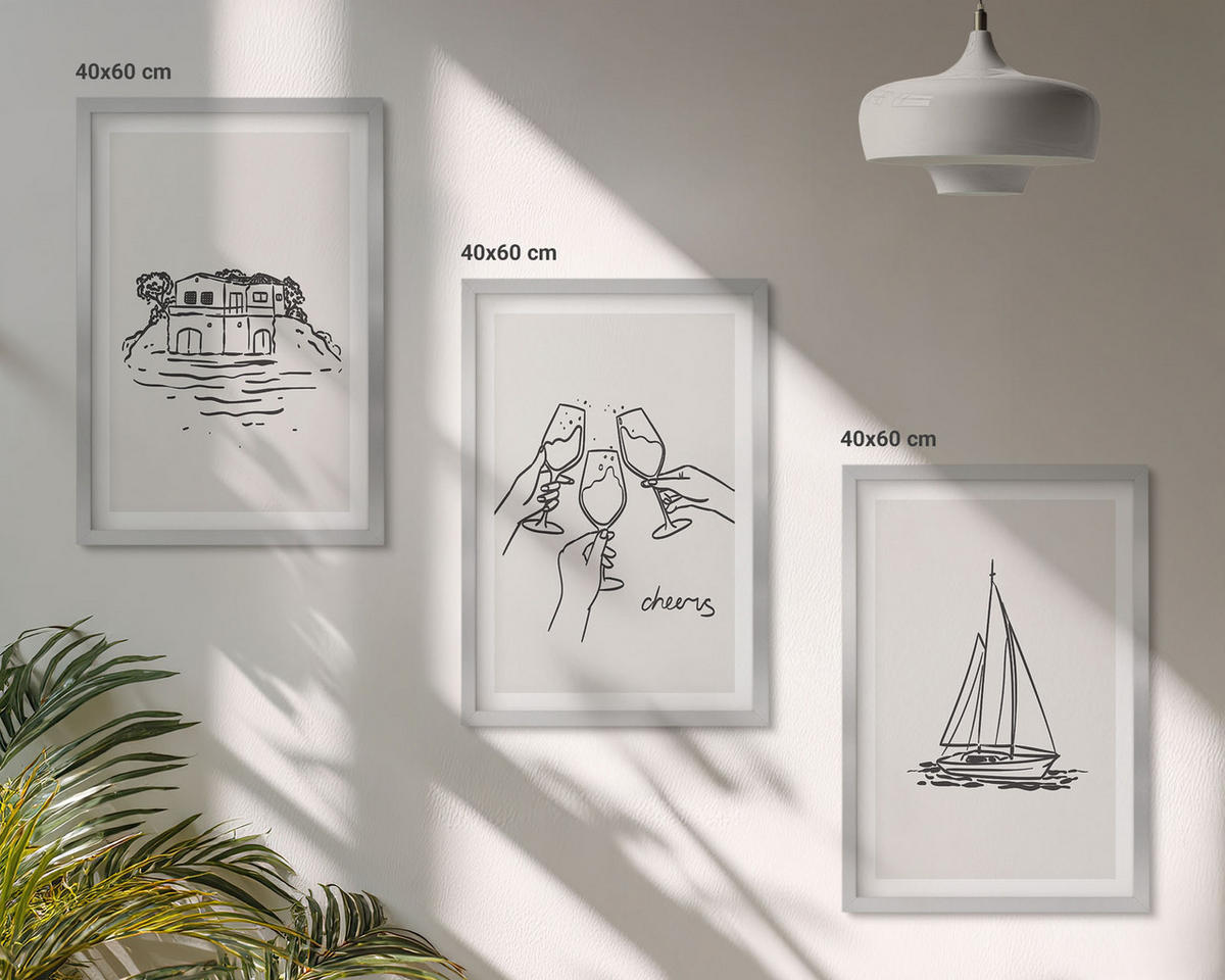 BILDER SET 3er Set - 40x60 cm Silberner Rahmen - Haus am Wasser, Segelboot-Toast - Silberfarben, Kunststoff (40/60cm) - TULUP