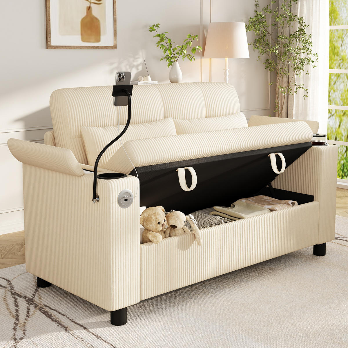 SOFA 2-Sitzer Beige mit Stauraum und Ladeanschlüssen, Cord - Beige/Schwarz, Holzwerkstoff/Textil (136.5/83.6/79.5cm) - CHICFURN