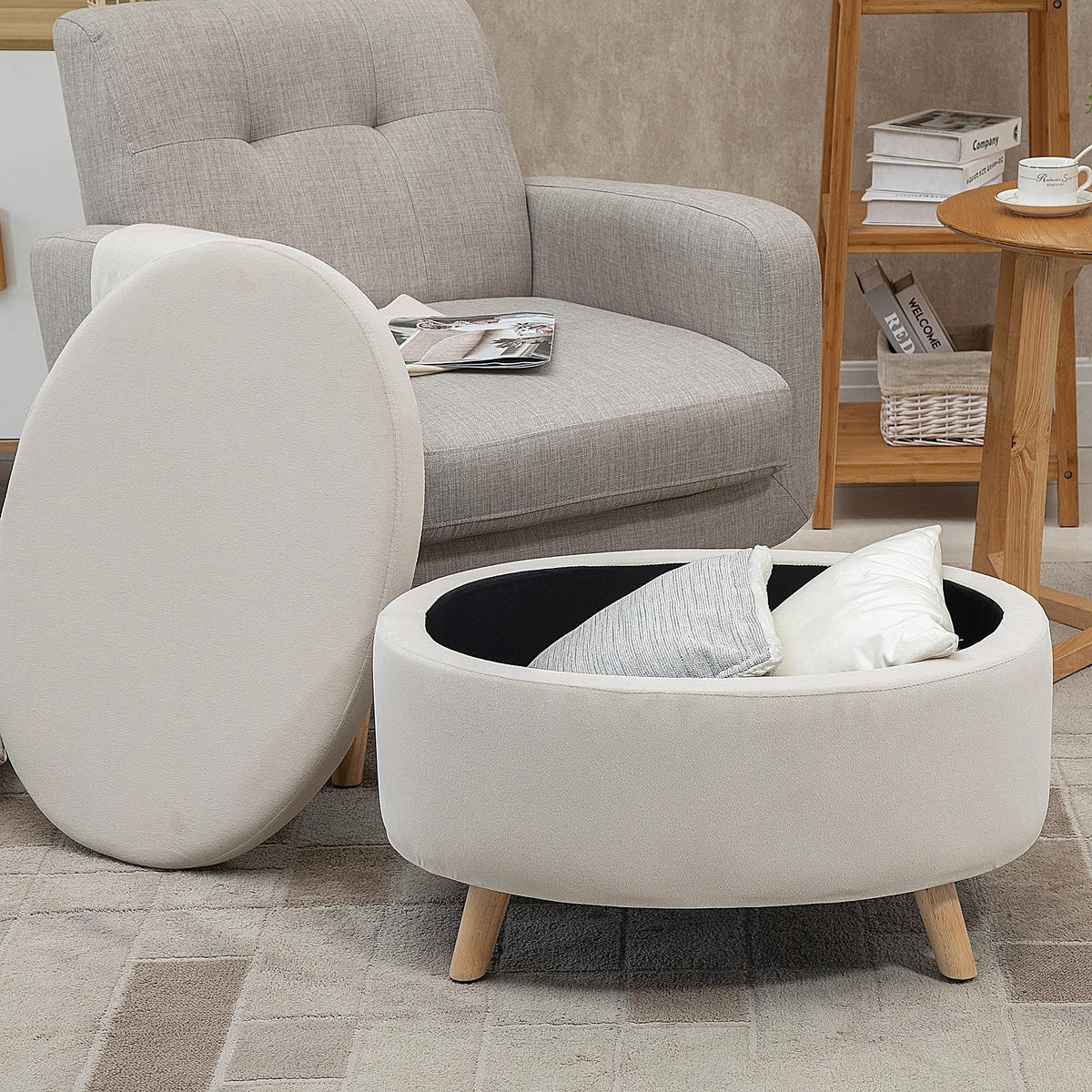 SITZBANK mit Stauraum, Oval Polsterbank mit Deckel, Bettbank mit Samtoptik Beige - Blau, Kunststoff (51.5/42/71cm) - HOMCOM
