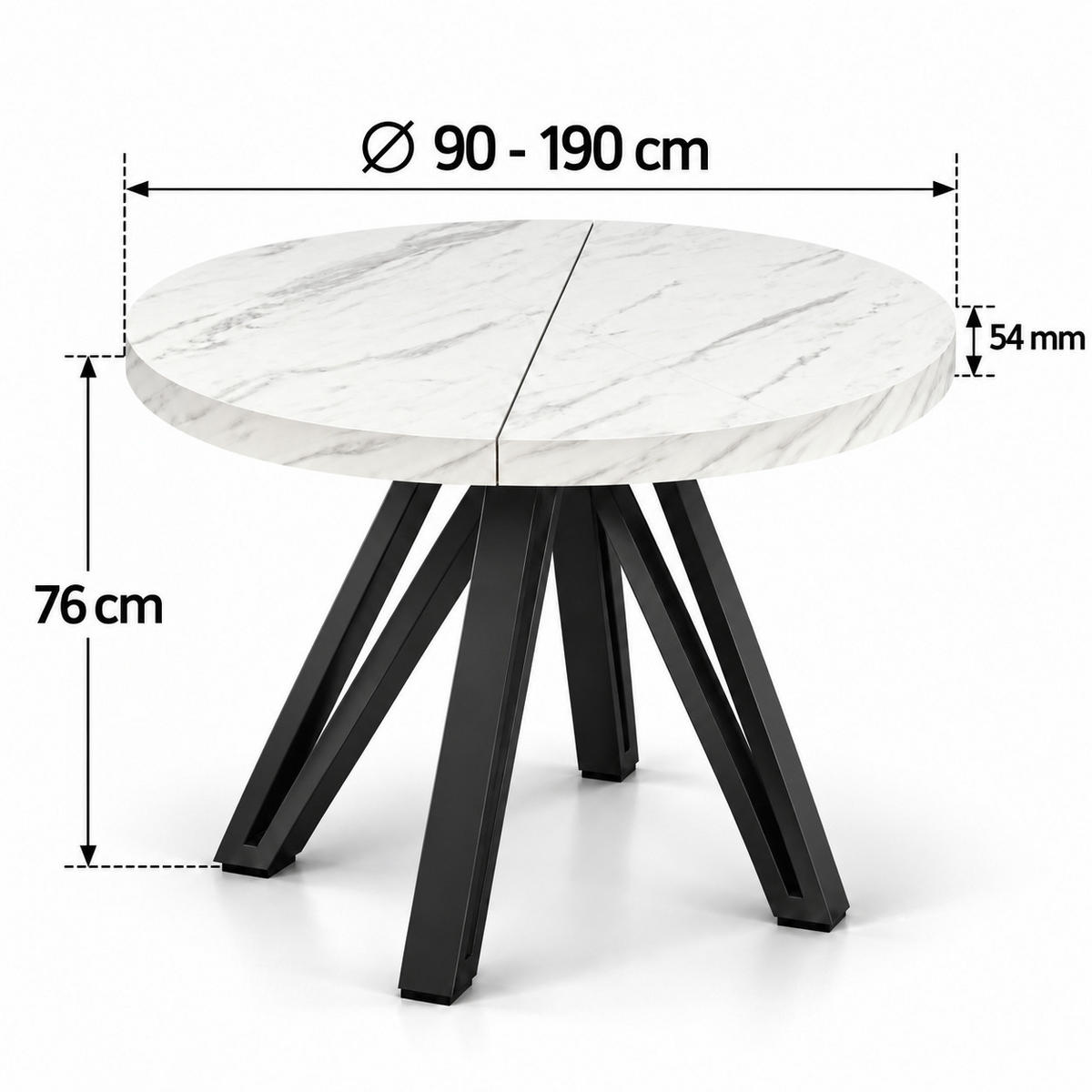 ESSTISCH rund ausziehbar 90/190/76 cm, Marmor, 54 cm Tischplatte + Industrial Metallgestell Schwarz - Hellgrau/Schwarz, Holzwerkstoff/Metall (90/190/76cm) - Damale Möbel