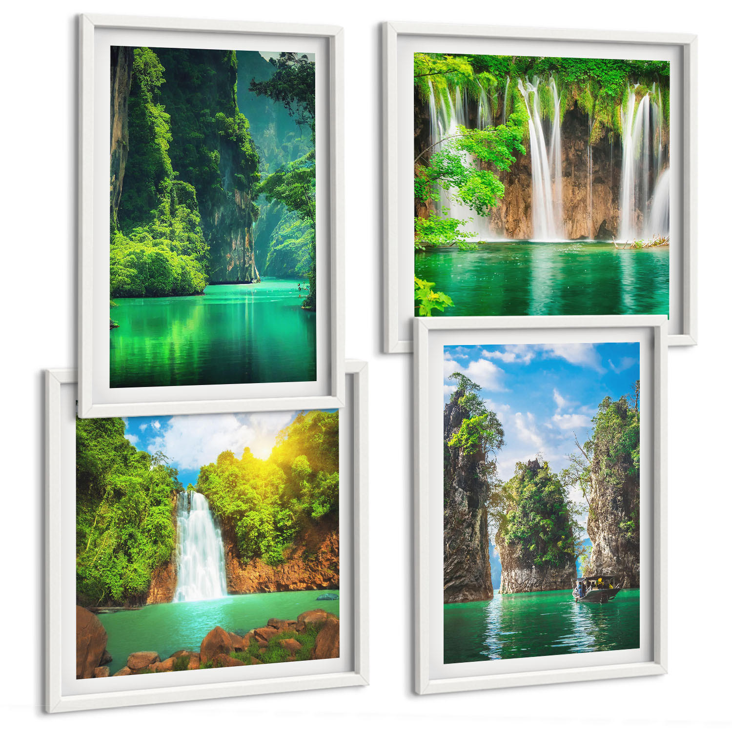BILDER SET 4er Set - 50x50 cm & 40x60 cm Weißer Rahmen - Grüne Landschaften, Wasserfälle - Weiß, Kunststoff (50/50cm) - TULUP