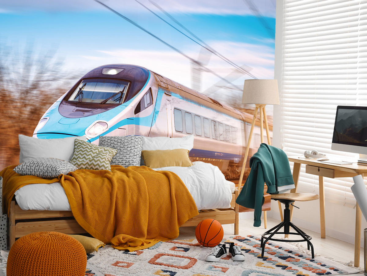 FOTOTAPETE für Wohnzimmer Moderner Zug Eisenbahnschienen 200x140 - Blau/Schwarz, Papier (200/140cm) - Muralo