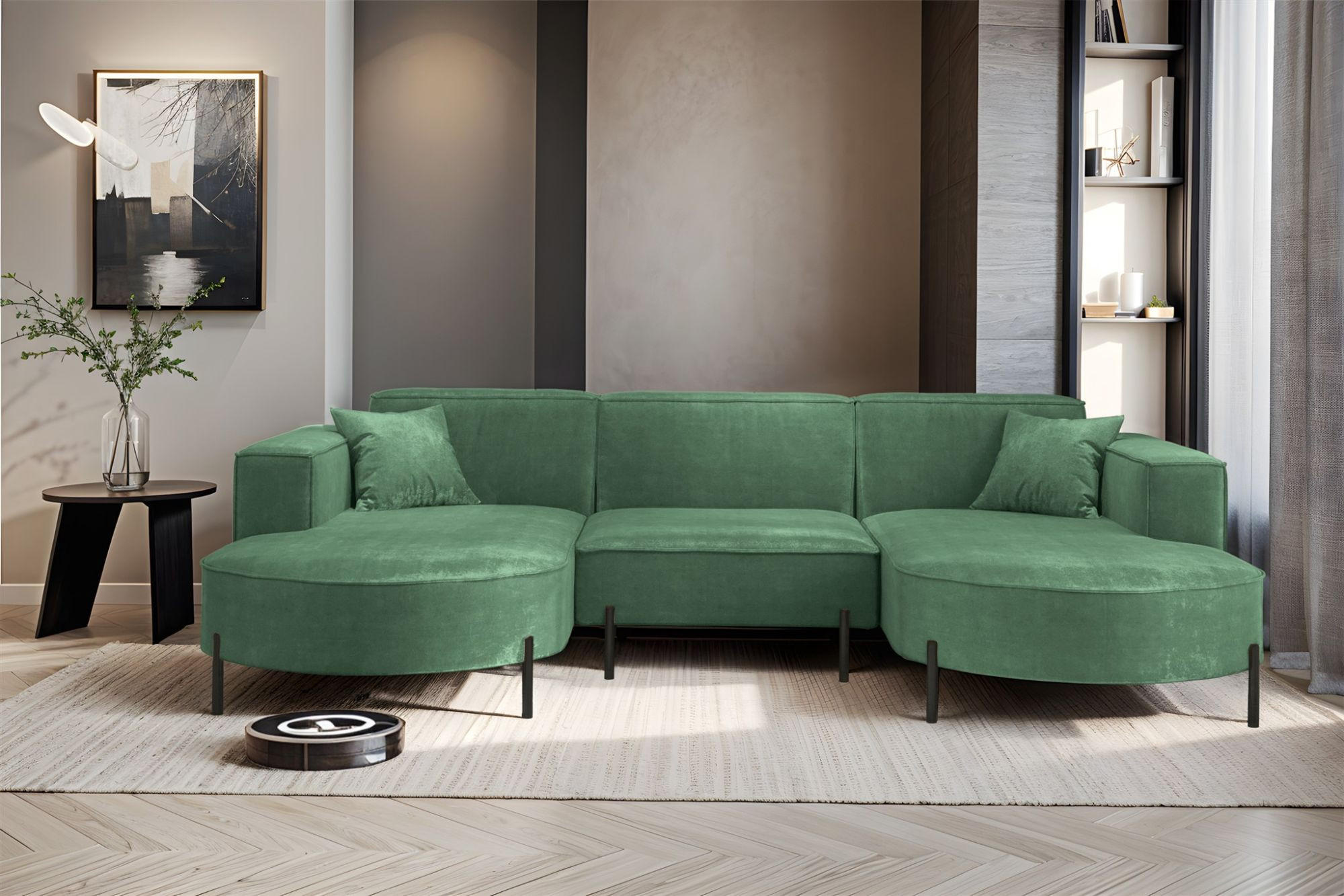 WOHNLANDSCHAFT Valencia - Grün, Holzwerkstoff/Textil (299/80/165cm) - Fun Möbel