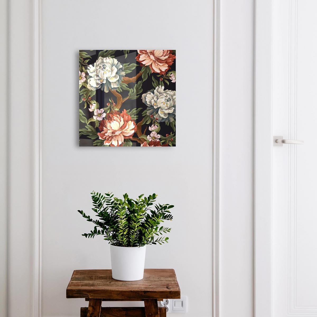 SCHLÜSSELBOX Schwarz 30x30 cm- Türöffnung nach rechts - Blumen der Natur - Grün, Metall (30/30/5cm) - TULUP