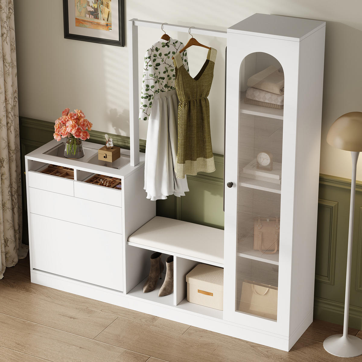DIELENGARDEROBE 163/50/161 cm in Weiß mit Spiegel, Schuhschrank und Sitzbank - Weiß, Holzwerkstoff (163/161/35cm) - BEAOK