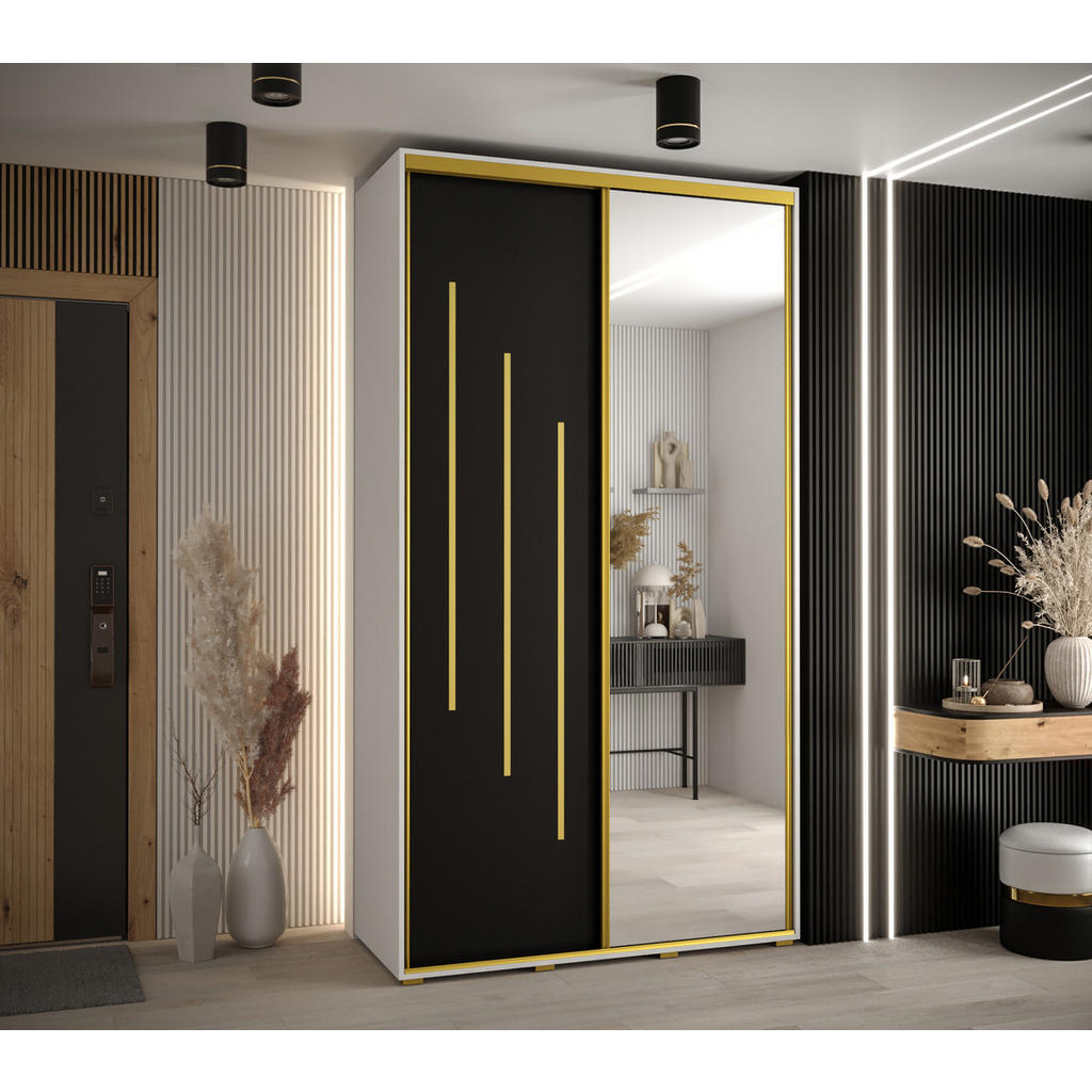 Thumbnail - Abiks Möbel Schwebetürenschrank, Weiß, Schwarz, Gold, Metall, Nachbildung, 6 Fächer, 130x235x60 cm, Schlafzimmer, Kleide...