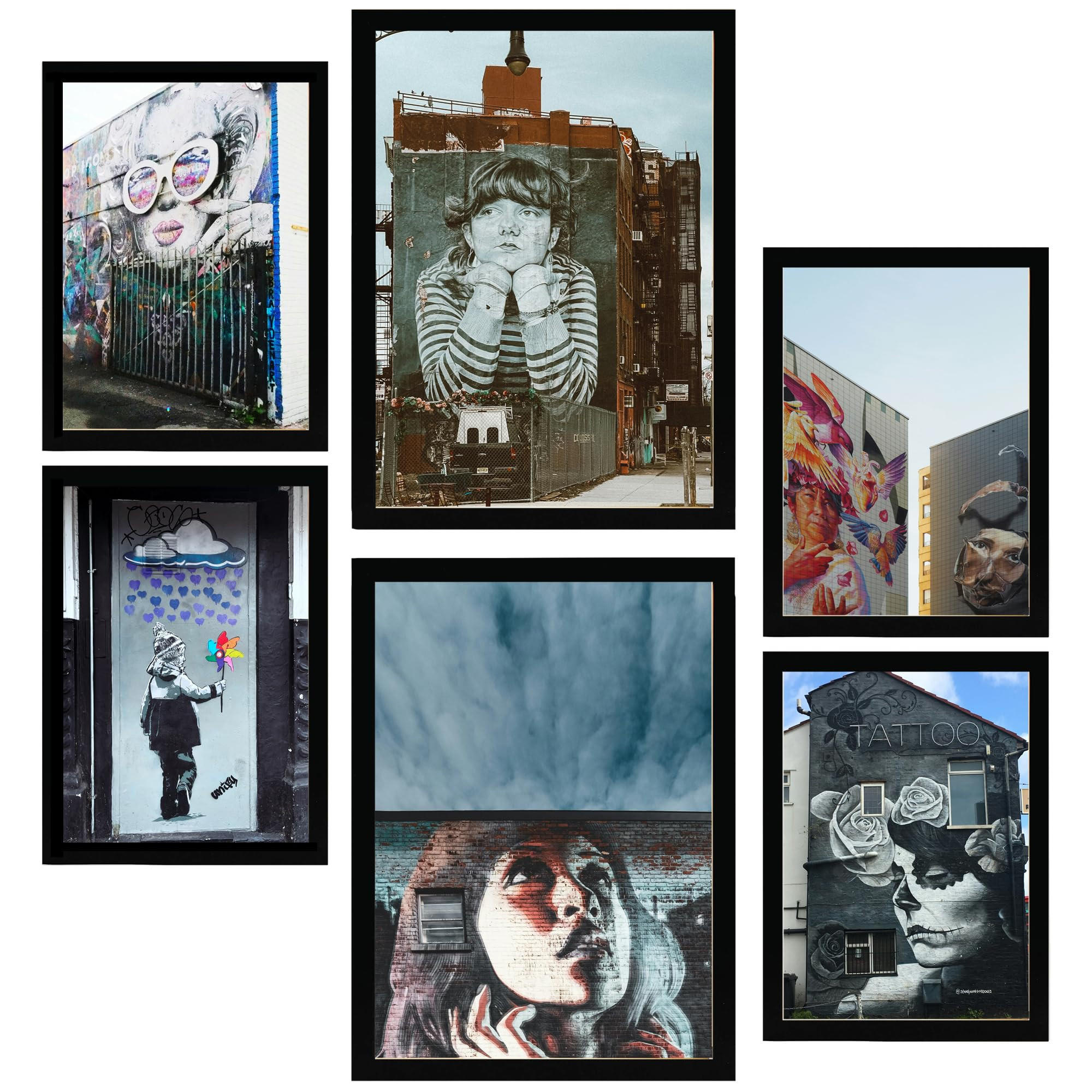 POSTER Set Mit 6 Graffiti Urbane Straßenkunst A3 & A4 Schwarzer Rahmen - Schwarz, Papier (29/3cm) - Nacnic