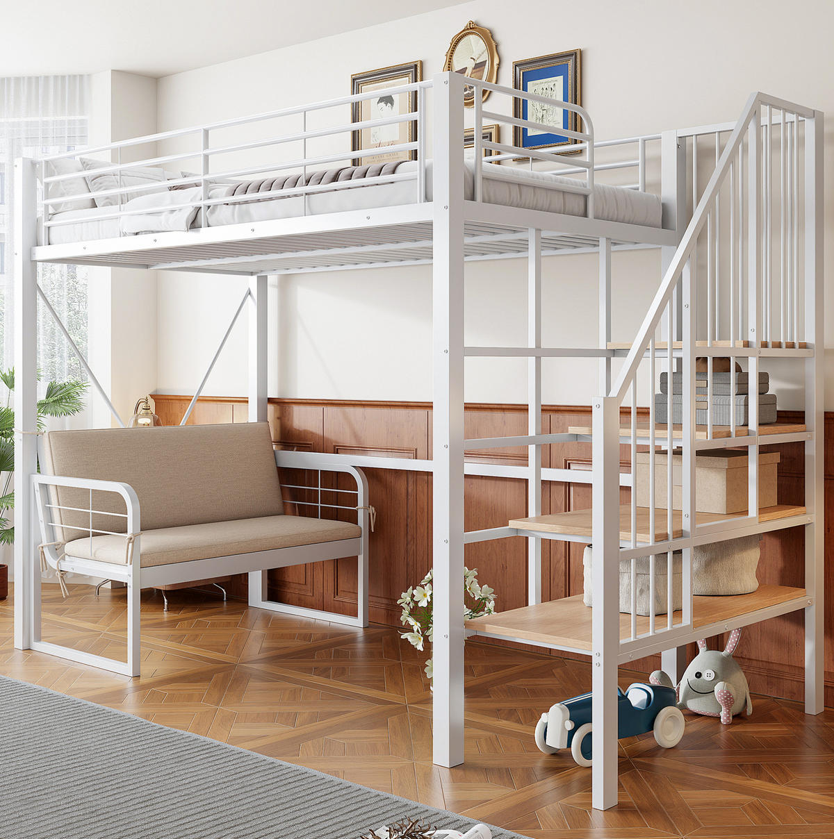 HOCHBETT 90/200 cm aus Metall mit Stauraumleiter, Weiß - Weiß, Metall (90/200cm) - OKMYHOME