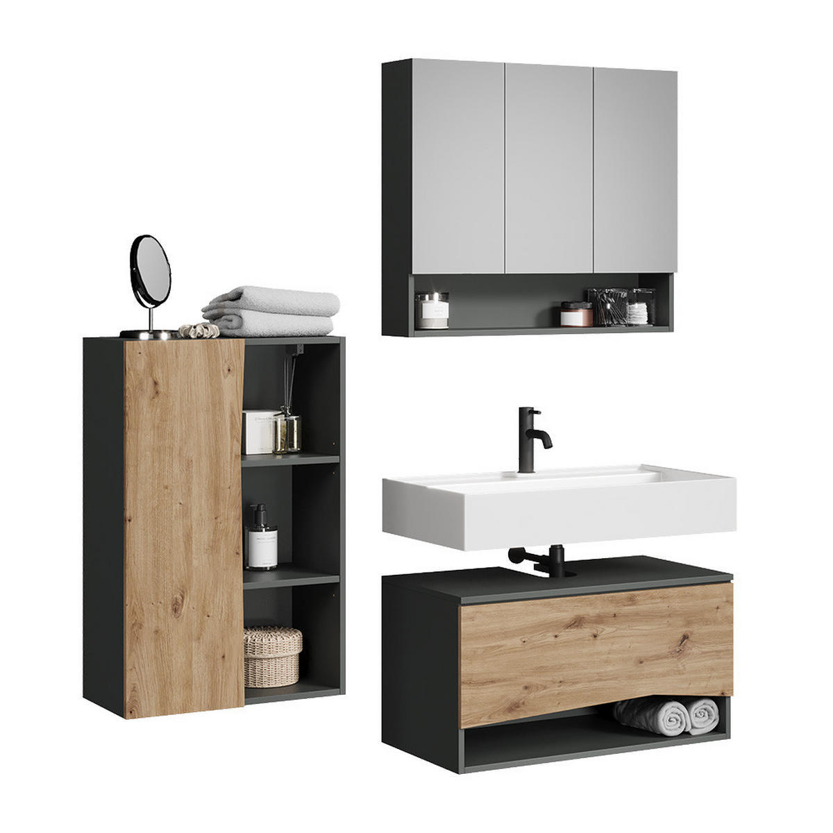 BADMÖBEL-SET Willow Artisan 3 Teile - Anthrazit/Hellgrau, Holzwerkstoff (80/42.8/43cm) - Vicco