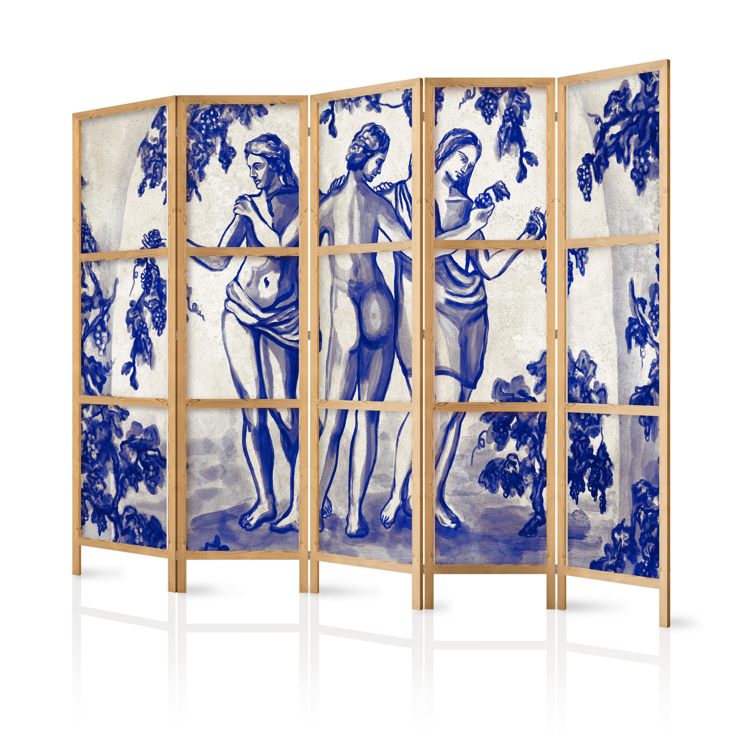 PARAVENT Japanischer 5-tlg 225x172 cm Drei Grazien - Blau, Holz/Textil (225/172/3cm) - Muralo