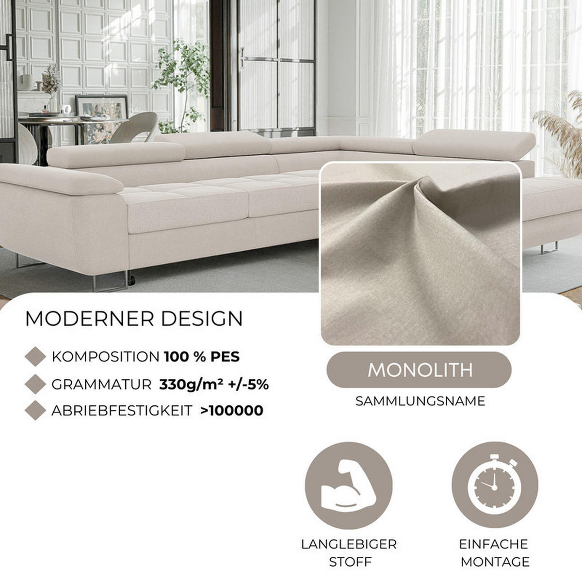 ECKSOFA ANTON mit Schlaffunktion und Bettkasten Creme - Creme, Holzwerkstoff/Kunststoff (274/203cm) - Idohome