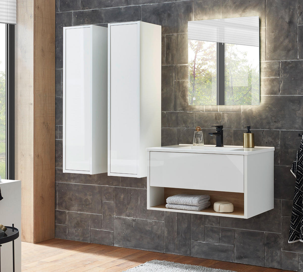 HOCHSCHRANK weiß Hochglanz hängend, Badschrank mit Push-to-Open - Weiß Hochglanz, Holzwerkstoff (30/119/30cm) - Furn.Design