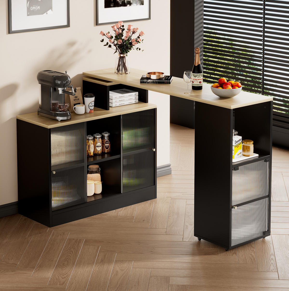 BARTISCH 155/100/90 cm mit Stauraum in Schwarz–ausziehbar und drehbar - Schwarz, Holzwerkstoff (155/100/90cm) - BEAOK