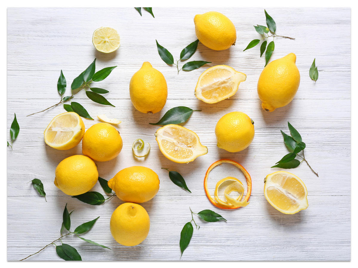 FOTOTAPETE für Küche Zitronen Holztisch Blätter Frisch Rustikal 300x210 - Gelb/Weiß, Papier (300/210cm) - Muralo