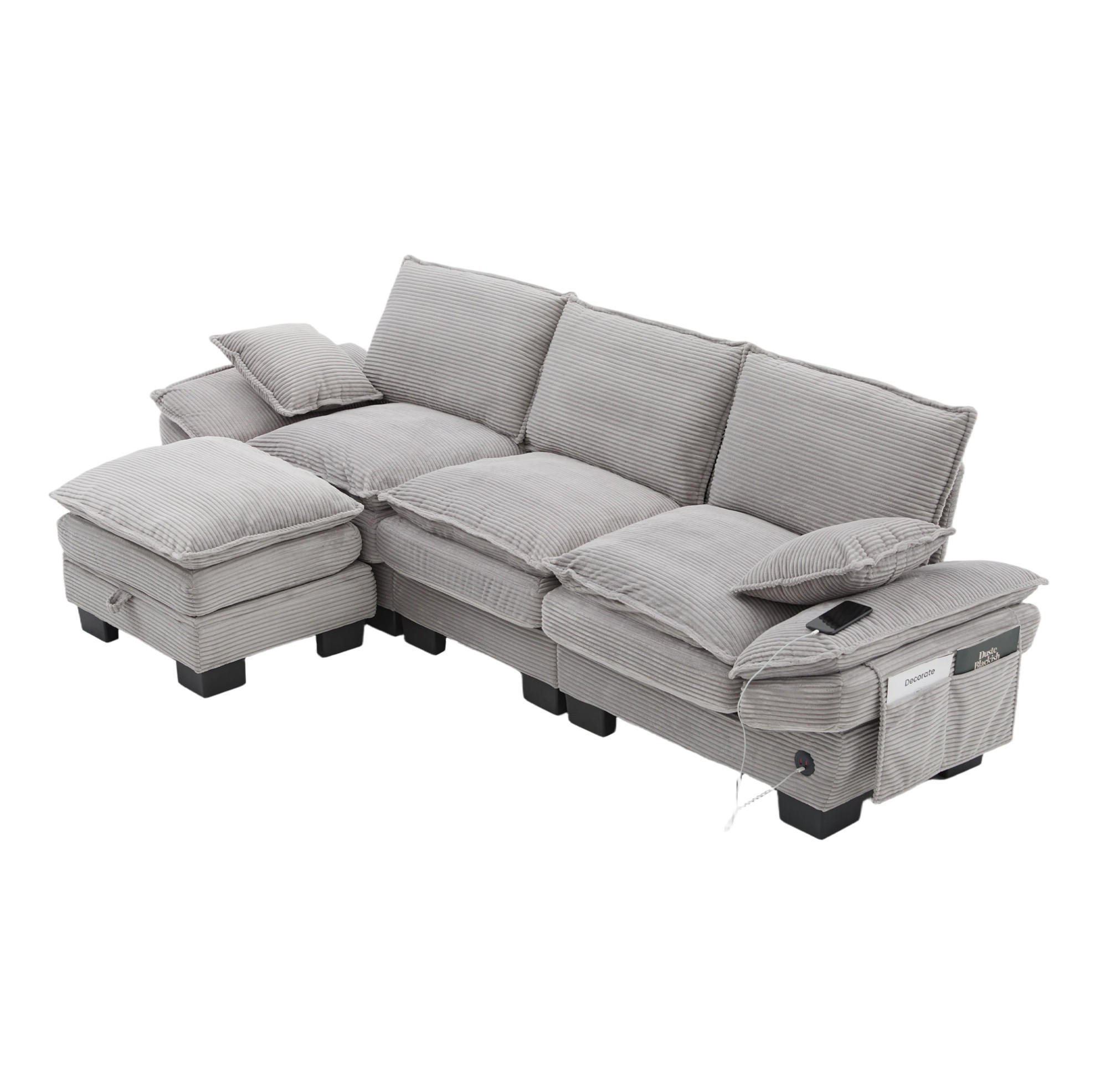 ECKSOFA 260/132/84 cm hellgrau aus Cord mit Hocker und USB-C - Hellgrau, Textil (132/260cm) - OKWISH
