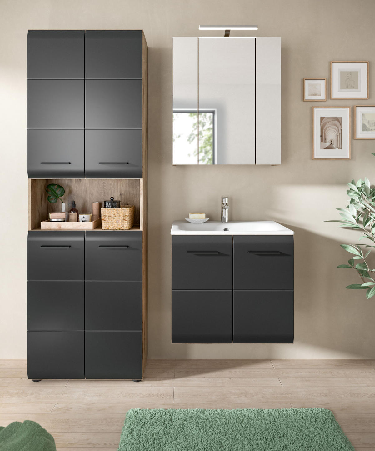 HOCHSCHRANK schwarz matt, Eiche, Badschrank 4-türig, 60 x 185 cm - Eichefarben/Schwarz, Holzwerkstoff/Kunststoff (60/185/30cm) - Inn.Furn