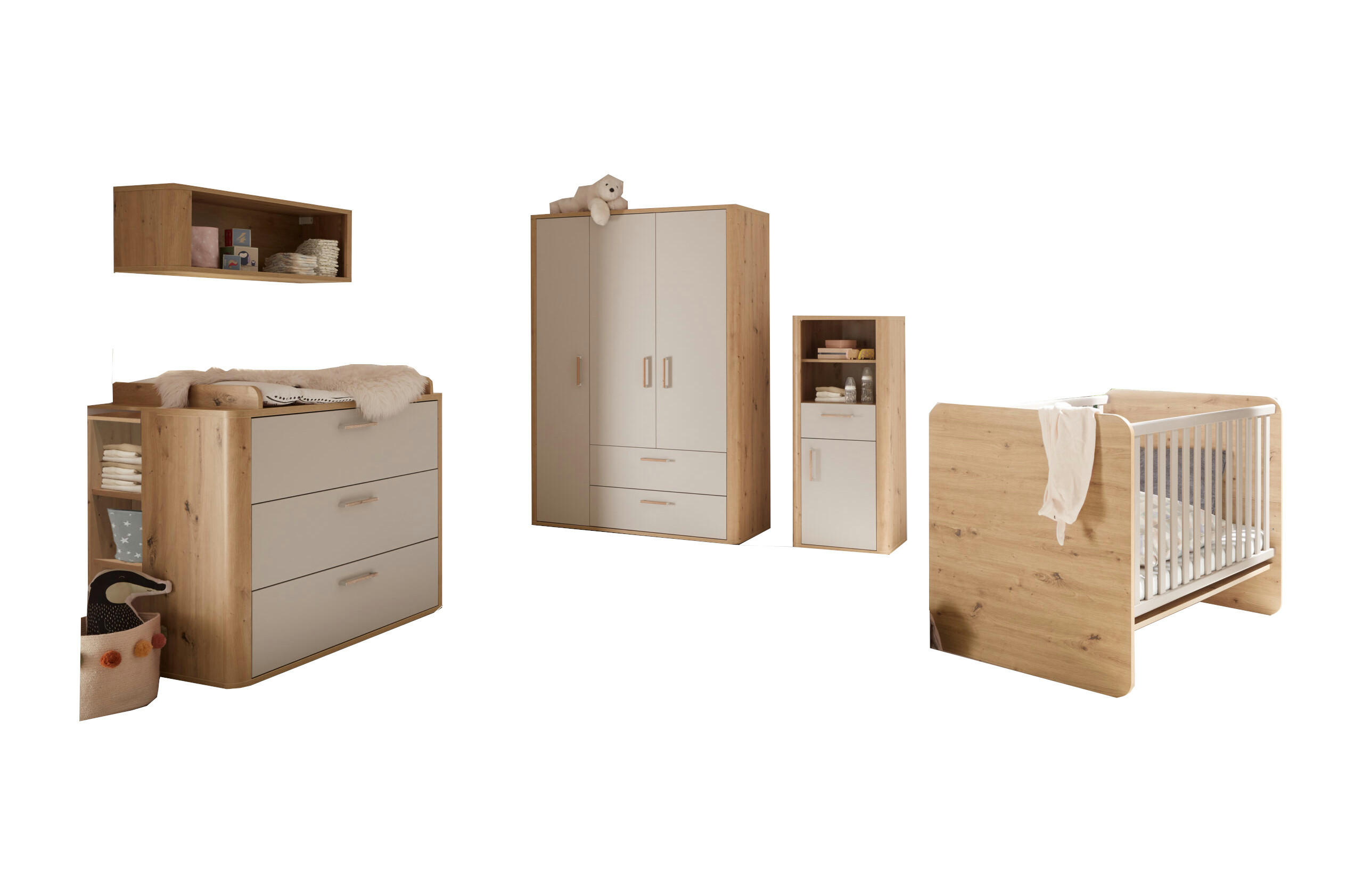 BABYZIMMER Lilly in Asteiche und Kreidegrau matt Lack 8 teilig - Grau, Holzwerkstoff (120/200/80cm)