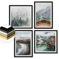 WANDBILDER 4er-Set - 50x50 cm & 40x60 cm Schwarzer Rahmen - Berge, See, Boot, Nebel, Strand - Schwarz, Kunststoff (50/50cm) - ArtPrintCave