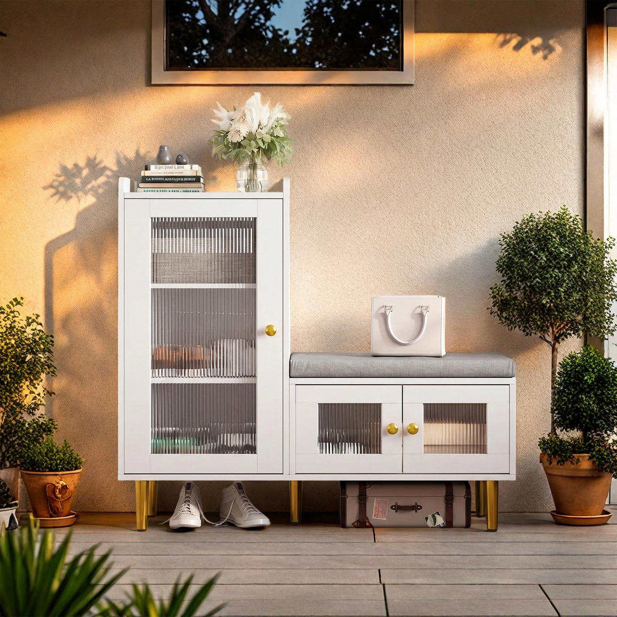 SCHUHSCHRANK mit Sitzbank, 3 Türen, verstellbare Einlegeböden, 100 x 35 x 90 cm, weiß - Weiß, Holz/Metall (35/90/100cm) - GENKI LIVING