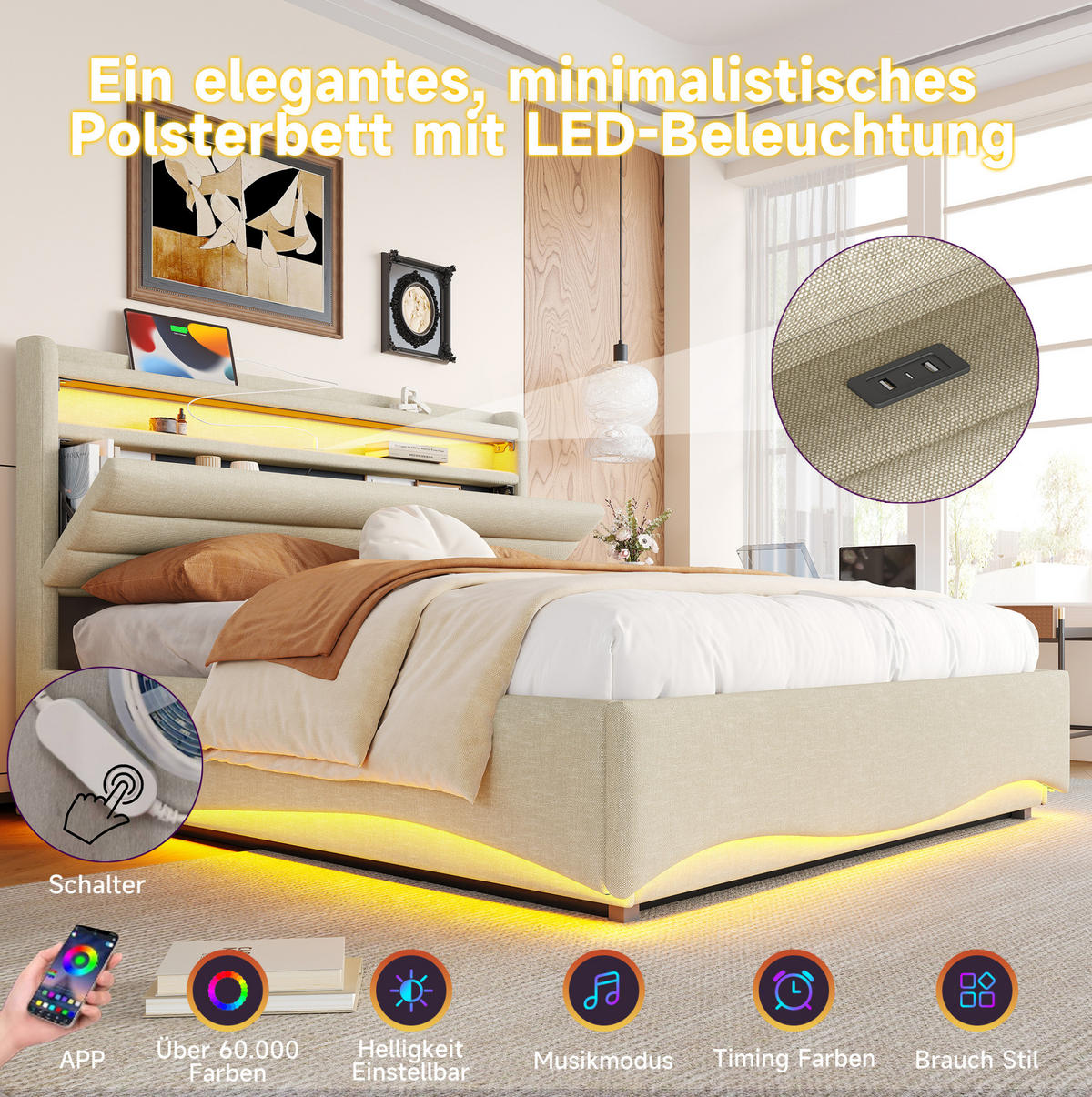 POLSTERBETT 140/200 cm grau aus Leinen mit LED und Stauraum - Grau, Textil (140/200cm) - OKWISH