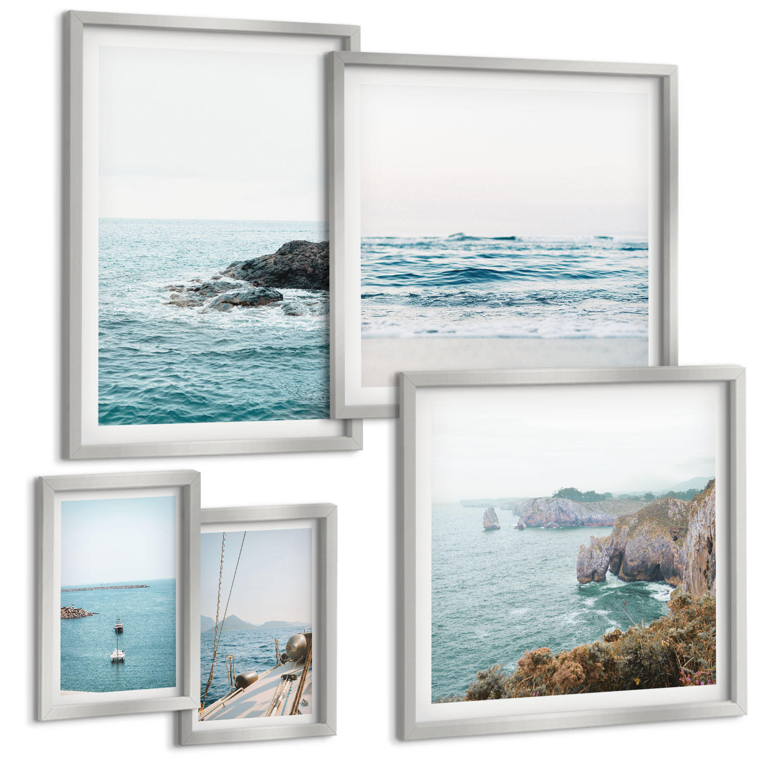 BILDER SET 5er Set - 50x50 cm & 20x30 cm & 40x60 cm Silberner Rahmen - Küstenlandschaftsblick - Silberfarben, Kunststoff (40/60cm) - TULUP
