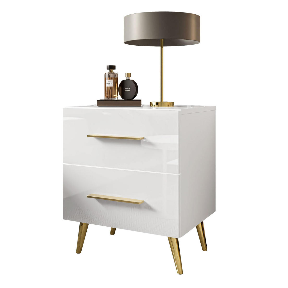 NACHTTISCH AURA LUX mit Hochglanzplatte auf Beinen – Beinfarbe: Gold - Weiß, Holzwerkstoff (45/55/39cm) - Lookway
