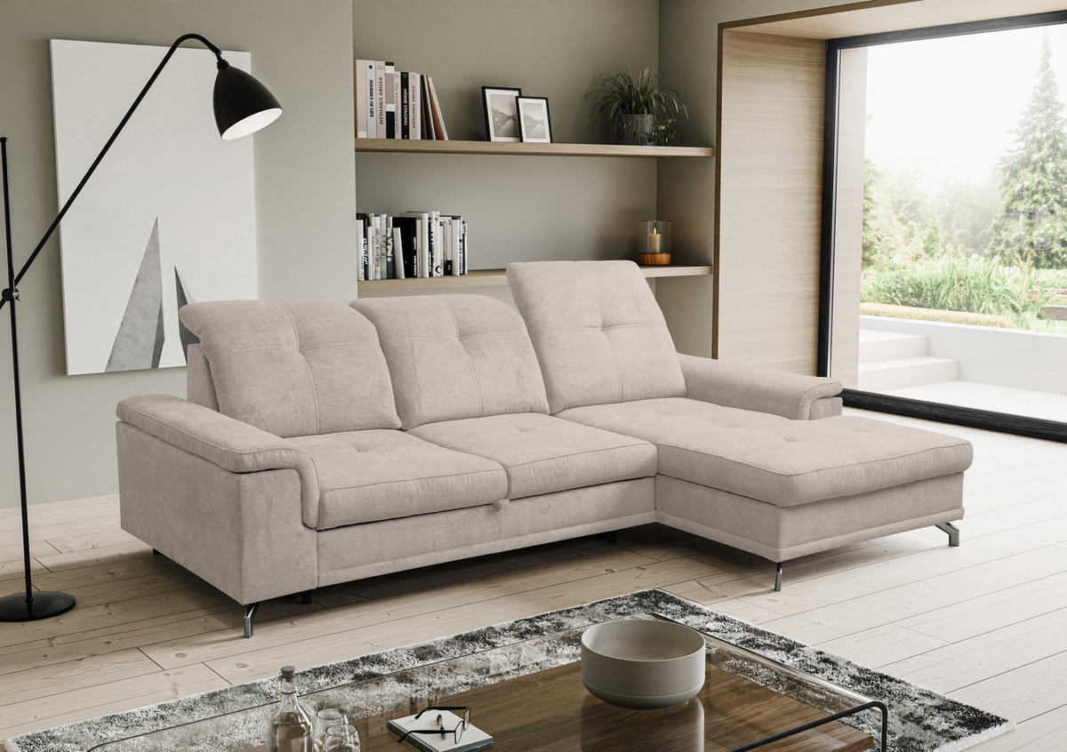 ECKSOFA PANAMA mit Schlaffunktion und Bettkasten, Farbe: Beige, Velourstoff, Ottomane Rechts - Beige, Textil (270/180cm) - VENASI MÖBEL